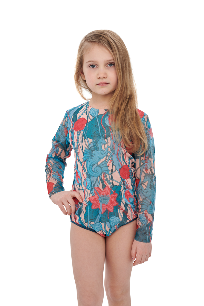 Слитный детский купальник с рукавом "Морские единороги"