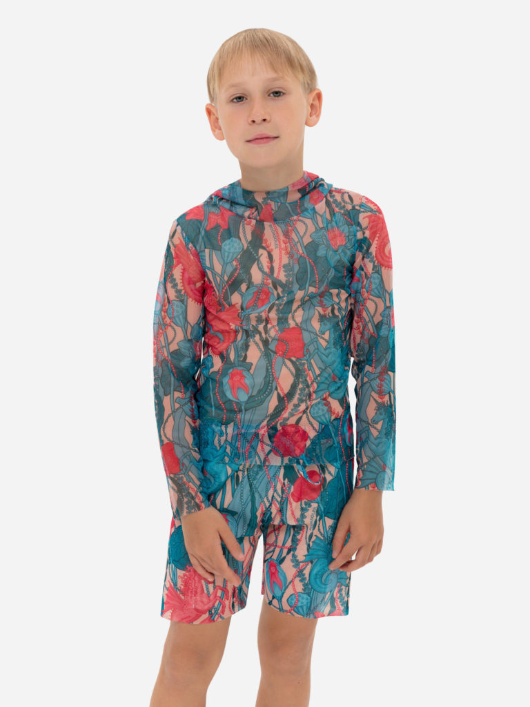 Детский комплект (футболка с капюшоном и шорты) “Морские единороги”