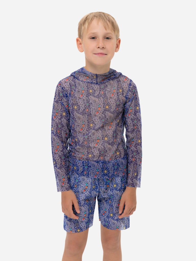 Детский комплект (футболка с капюшоном и шорты) “Крокодил Лиловый”